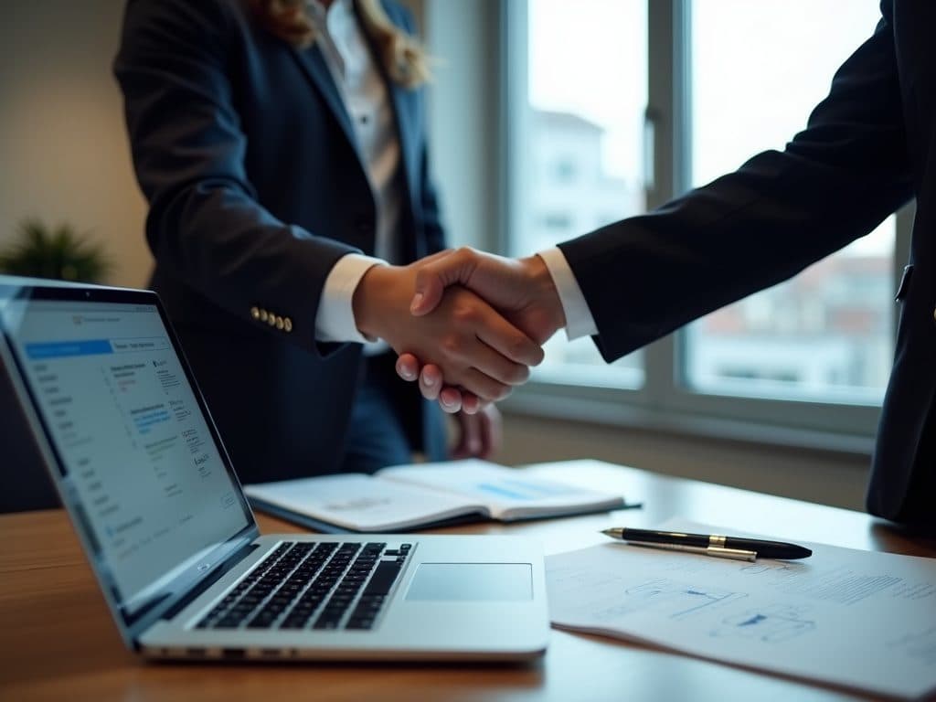 Dos profesionales se dan la mano junto a un portátil
